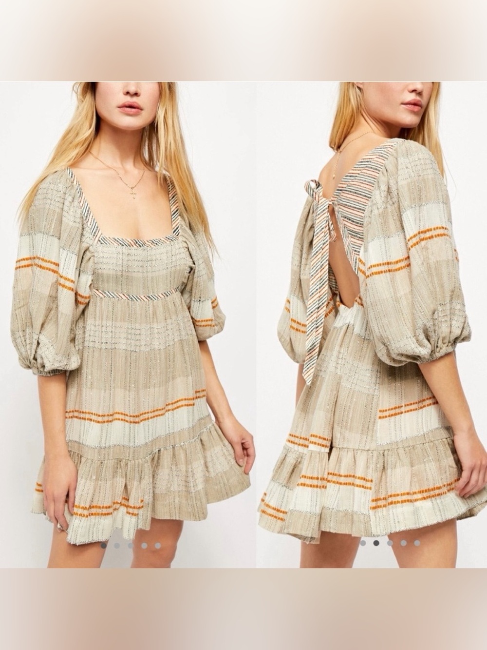 Free People All Lined Up Striped Puff Sleeve Mini Dress